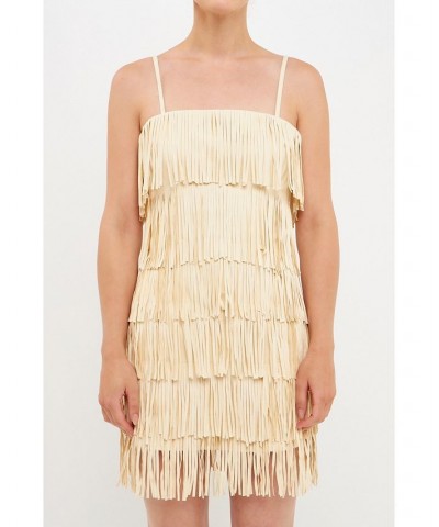 Women's Suede Fringed Spaghetti Dress Ivory $52.80 Dresses