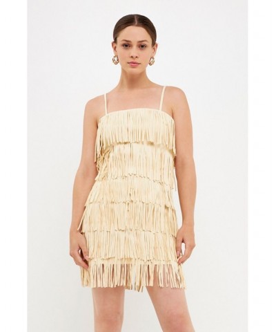 Women's Suede Fringed Spaghetti Dress Ivory $52.80 Dresses