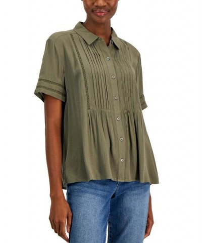 Women's Pintuck Short-Sleeve Button-Front Shirt Regular & Petites Olive $20.16 Tops