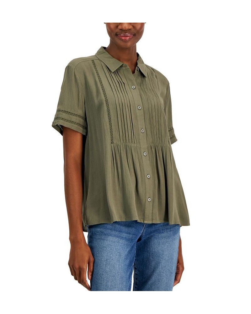 Women's Pintuck Short-Sleeve Button-Front Shirt Regular & Petites Olive $20.16 Tops