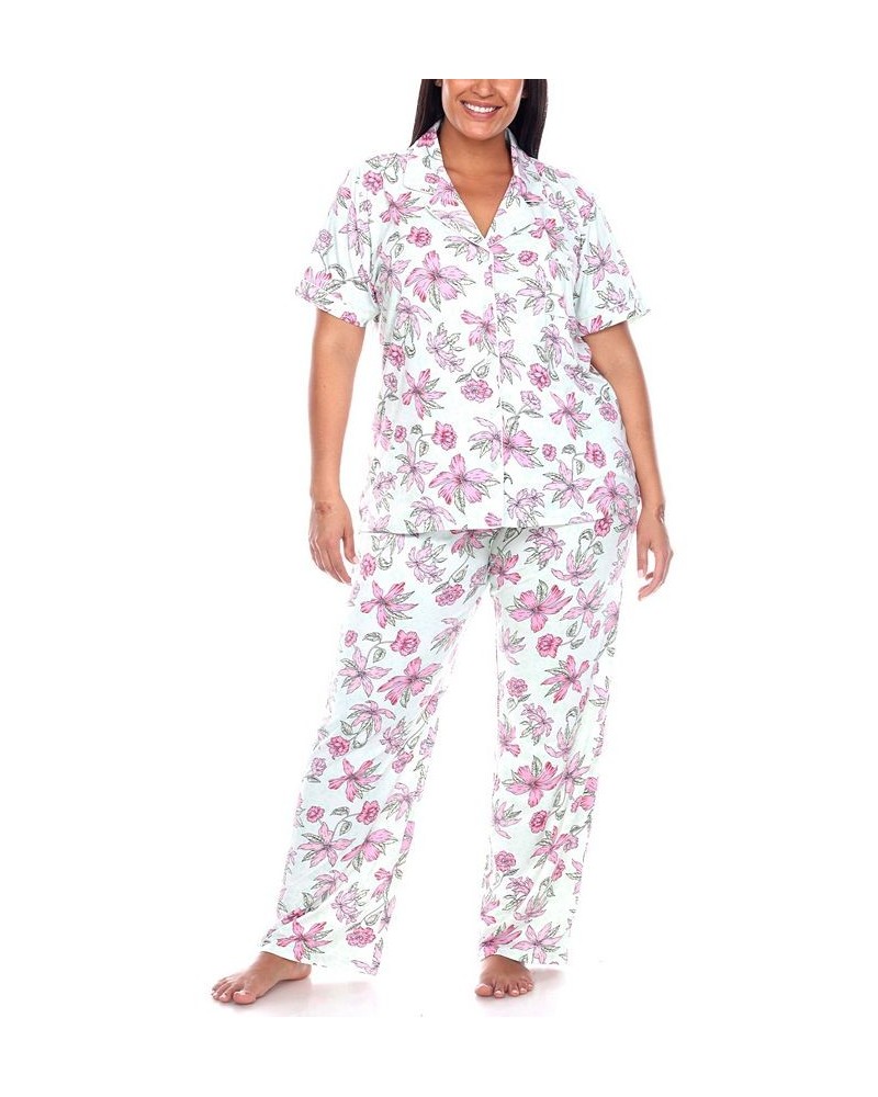 Plus Size Short Sleeve Pants Tropical Pajama Set 2-Piece Mint, Pink $30.09 Sleepwear