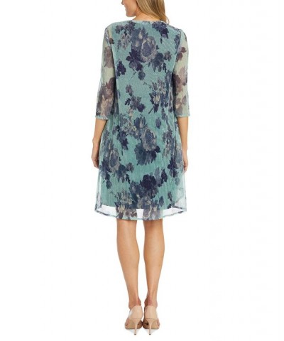 Petite Floral-Jacket & Necklace Dress Navy Teal $42.57 Dresses