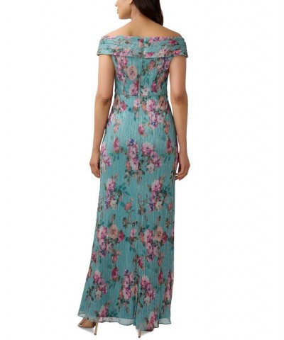 Women's Floral-Print Off-The-Shoulder Gown Aqua Multi $85.47 Dresses