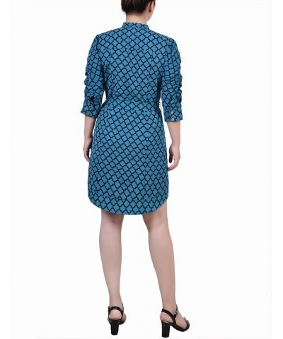 Petite 3/4 Rouched Sleeve Dress with Belt Blue $19.89 Dresses