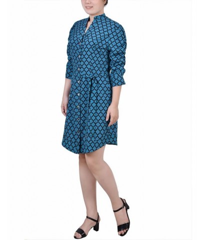 Petite 3/4 Rouched Sleeve Dress with Belt Blue $19.89 Dresses