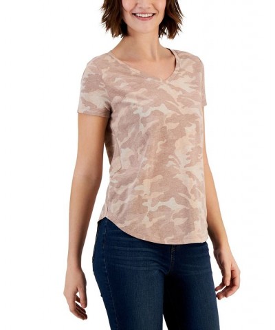 Women's Printed V-Neck T-Shirt Neutral Camo $10.00 Tops