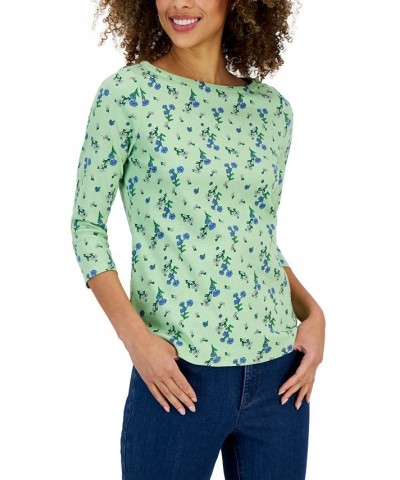 Women's Floral Boat-Neck 3/4-Sleeve Top Green $14.99 Tops