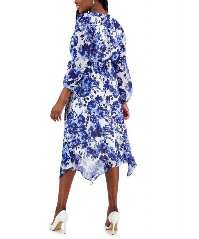 Women's Printed Handkerchief-Hem Midi Dress Blue $28.16 Dresses