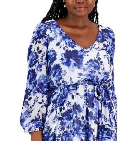 Women's Printed Handkerchief-Hem Midi Dress Blue $28.16 Dresses