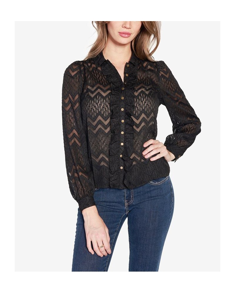 Women's Black Label Button-Front Collared Ruffle Top Black $30.45 Tops