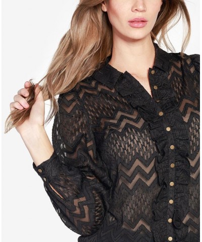 Women's Black Label Button-Front Collared Ruffle Top Black $30.45 Tops