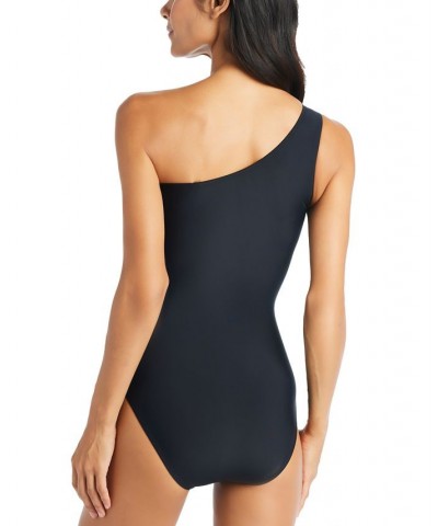 Women's Solid One-Shoulder One-Piece Swimsuit With Mesh Cut-Outs Black $59.60 Swimsuits