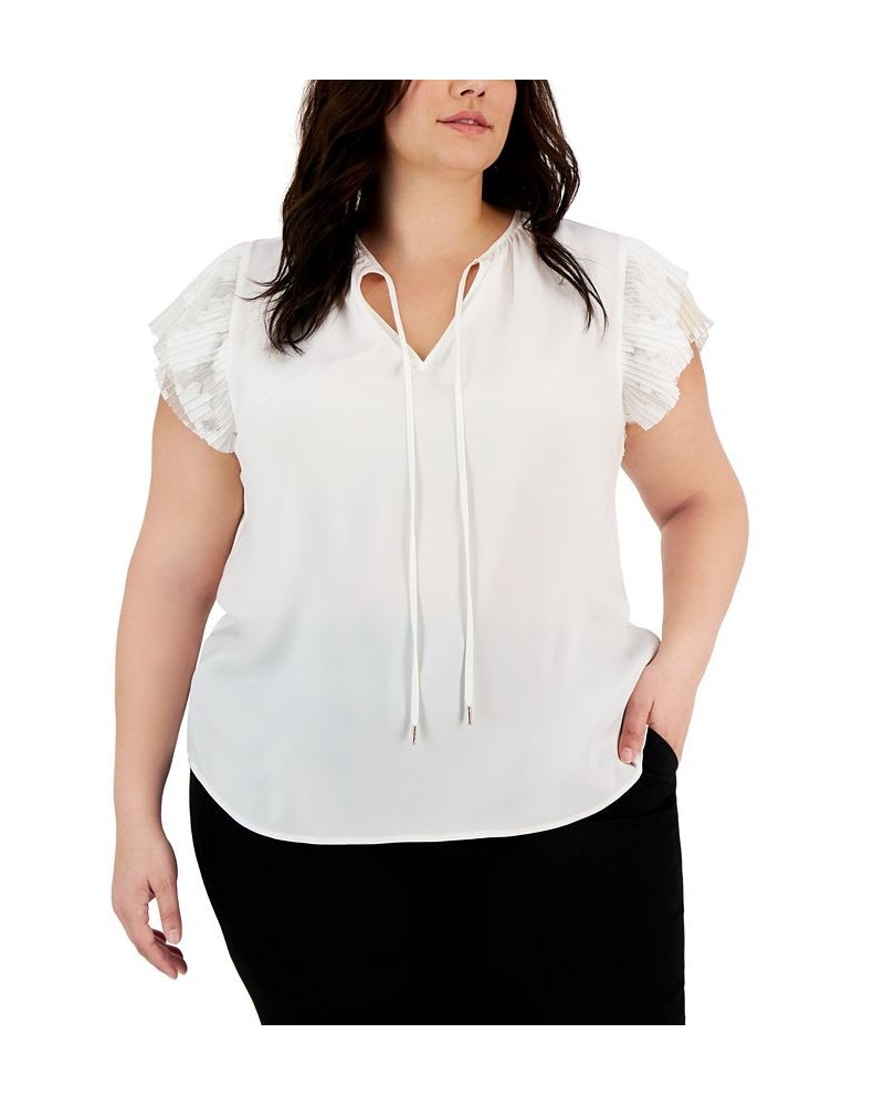 Plus Size Ruffled-Sleeve Tie-Neck Blouse Bright White $43.15 Tops