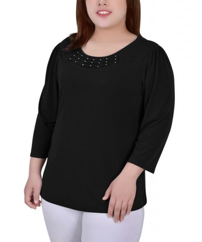 Plus Size 3/4 Sleeve Crepe Knit with Strip Details Top Black $15.05 Tops