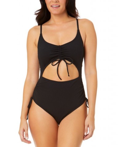Women's Olive Ruched One-Piece Swimsuit Black $26.95 Swimsuits