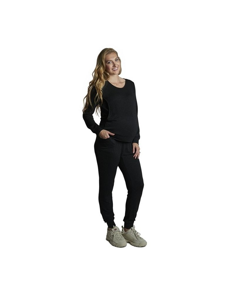 Women's Whitney 2-Piece Maternity/Nursing Top & Pant Set French Terry Black $36.90 Outfits
