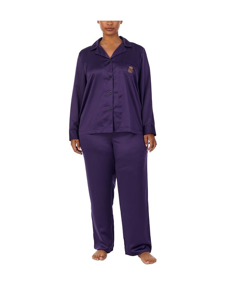 Plus Size Matte Satin Notched-Collar Pajamas Set Purple $36.94 Sleepwear