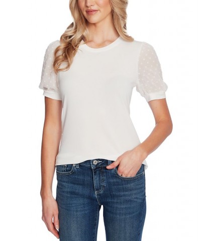 Women's Short Puff-Sleeve Mixed Media Knit Top Soft Ecru $16.26 Tops