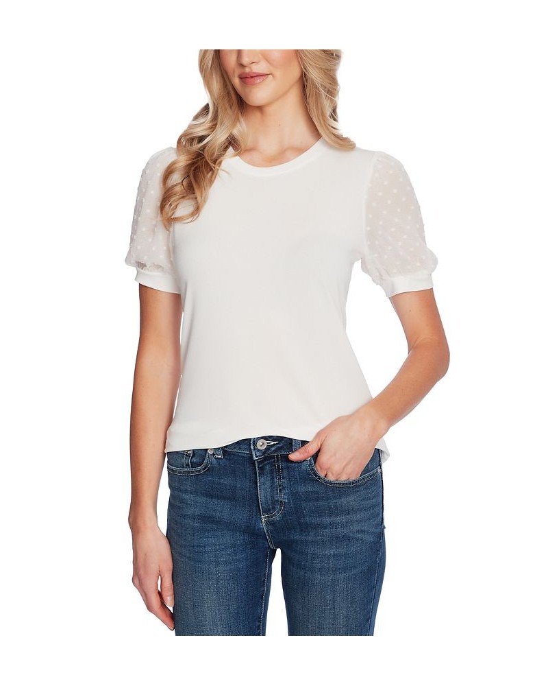 Women's Short Puff-Sleeve Mixed Media Knit Top Soft Ecru $16.26 Tops