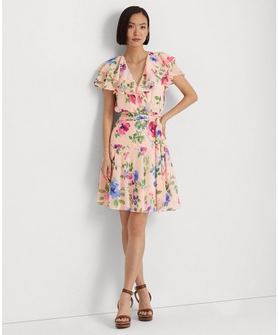 Women's Floral Belted Crinkle Georgette Dress Pink Multi $68.25 Dresses
