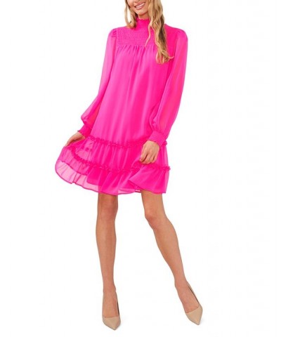 Women's Long Sleeve Smocked Mock-Neck Ruffle Hem Dress Pink $30.58 Dresses