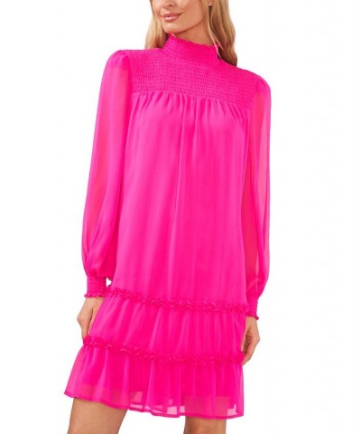 Women's Long Sleeve Smocked Mock-Neck Ruffle Hem Dress Pink $30.58 Dresses
