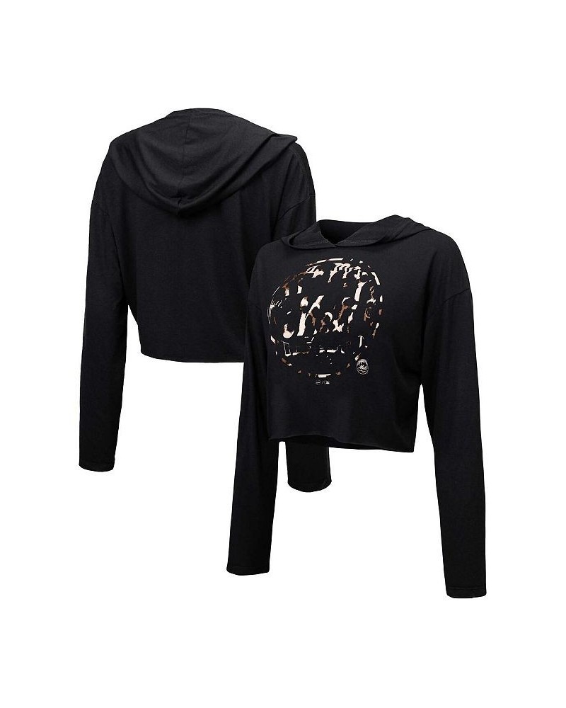 Women's Threads Black New York Mets Leopard Cropped Hoodie Black $31.50 Sweatshirts