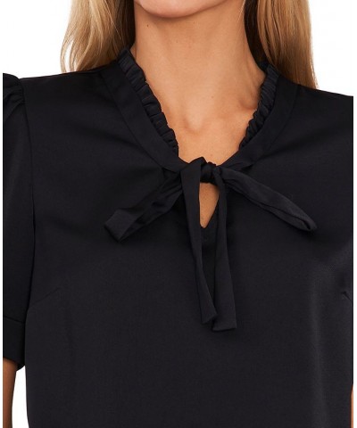 Women's Tie-Neck Short-Puff-Sleeve Top Black $29.27 Tops