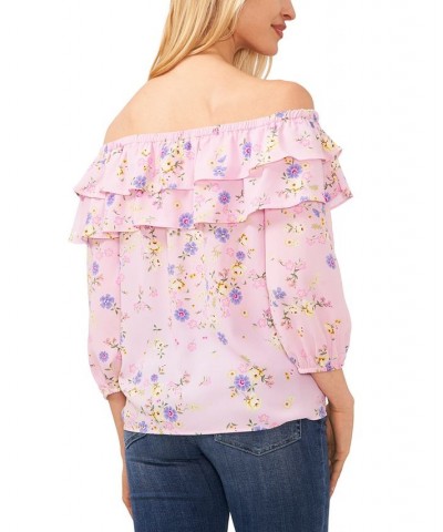 Women's Floral-Print Ruffled Off-The-Shoulder Blouse Pink $35.88 Tops