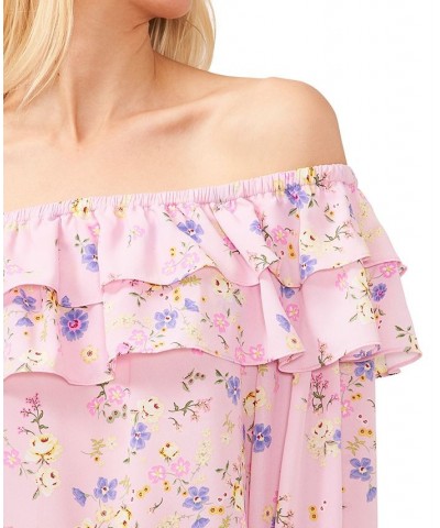 Women's Floral-Print Ruffled Off-The-Shoulder Blouse Pink $35.88 Tops