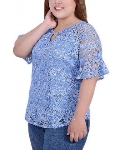 Plus Size Short Bell Sleeve Lace Blouse Blue $13.25 Tops