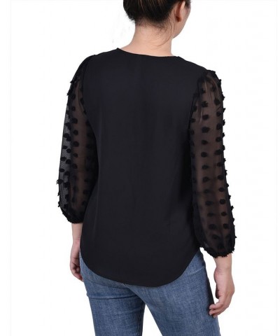Petite V-neck Blouse with 3/4 Jacquard Chiffon Sleeves Black $16.96 Tops
