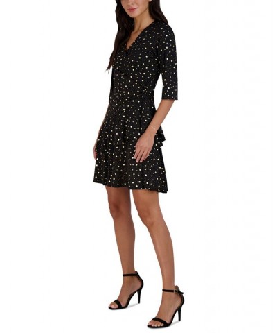 Women's Printed Elbow-Sleeve Ruffled Dress Black/Gold $18.69 Dresses