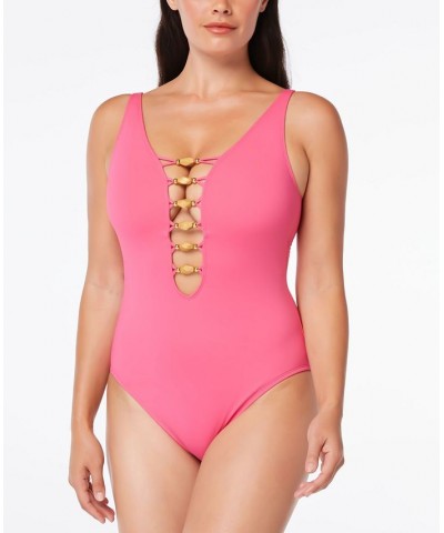 Beaded-Cutout One-Piece Swimsuit Pink $34.85 Swimsuits