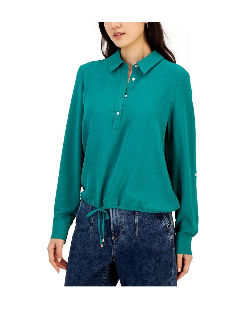 Women's Point Collar Roll-Tab-Sleeve Top Green $13.29 Tops
