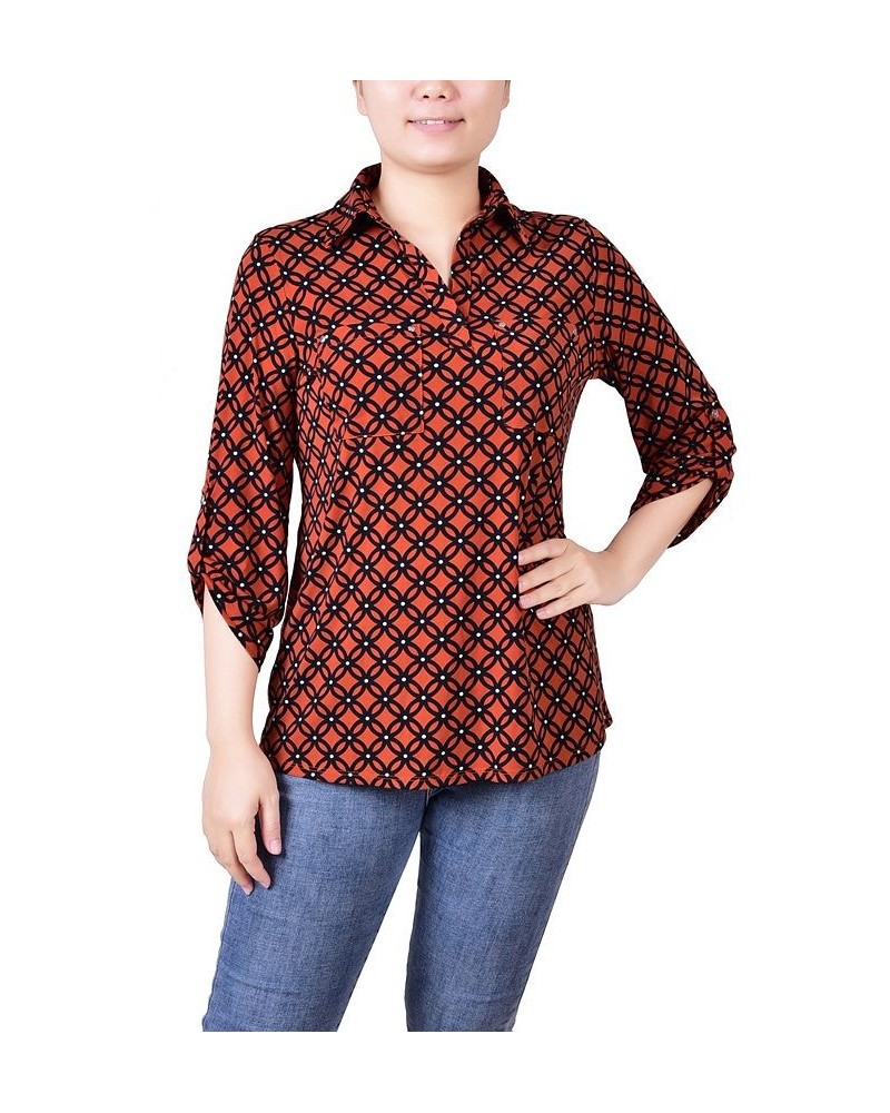 Women's 3/4 Ruched Sleeve Studded Y-neck Top Spice Rout $13.86 Tops