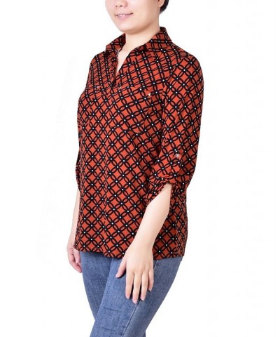 Women's 3/4 Ruched Sleeve Studded Y-neck Top Spice Rout $13.86 Tops