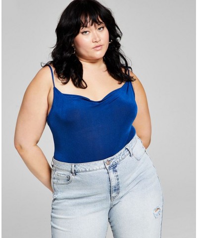 Trendy Plus Size Cowl Neck Bodysuit Blue $10.05 Tops