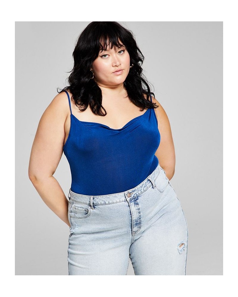 Trendy Plus Size Cowl Neck Bodysuit Blue $10.05 Tops