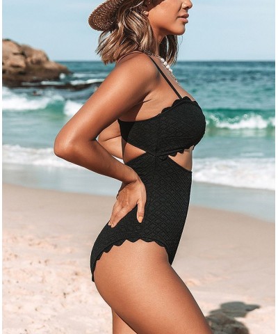 Women's One Piece Swimsuit Cutout Scallop Trim Bathing Suit Black $27.55 Swimsuits