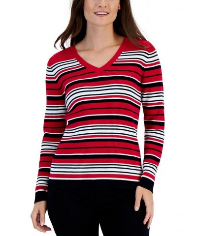 Petite Cotton V-Neck Ribbed Sweater Red $9.17 Sweaters