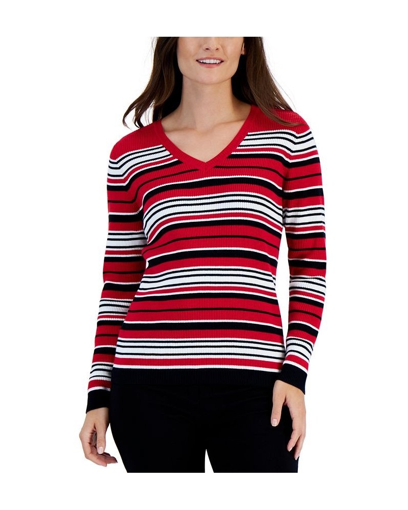 Petite Cotton V-Neck Ribbed Sweater Red $9.17 Sweaters