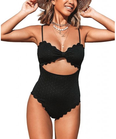 Women's One Piece Swimsuit Cutout Scallop Trim Bathing Suit Black $27.55 Swimsuits