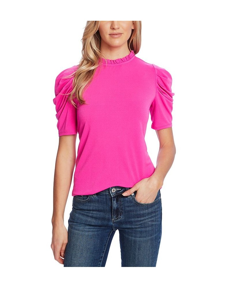 Women's Puff-Sleeve Ruffled-Neck Top Pink $17.38 Tops