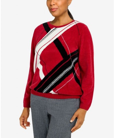 Petite Empire State Plaid Crew Neck Long Sleeve Sweater Crimson $32.00 Sweaters