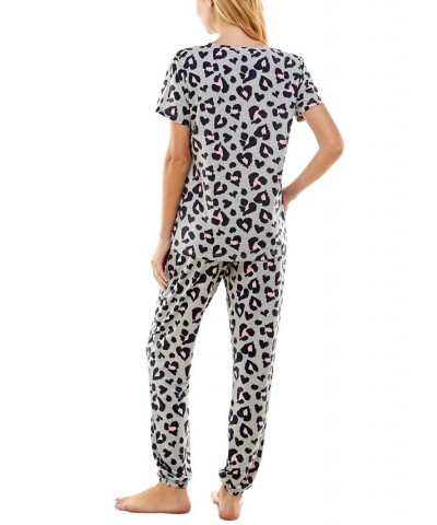 Women's Butterknit Printed Short Sleeve Top and Jogger Matching Set Gray $14.52 Sleepwear