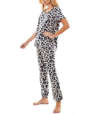 Women's Butterknit Printed Short Sleeve Top and Jogger Matching Set Gray $14.52 Sleepwear