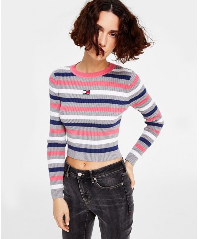 Women's Cotton Striped Ribbed Sweater Gray $21.77 Sweaters