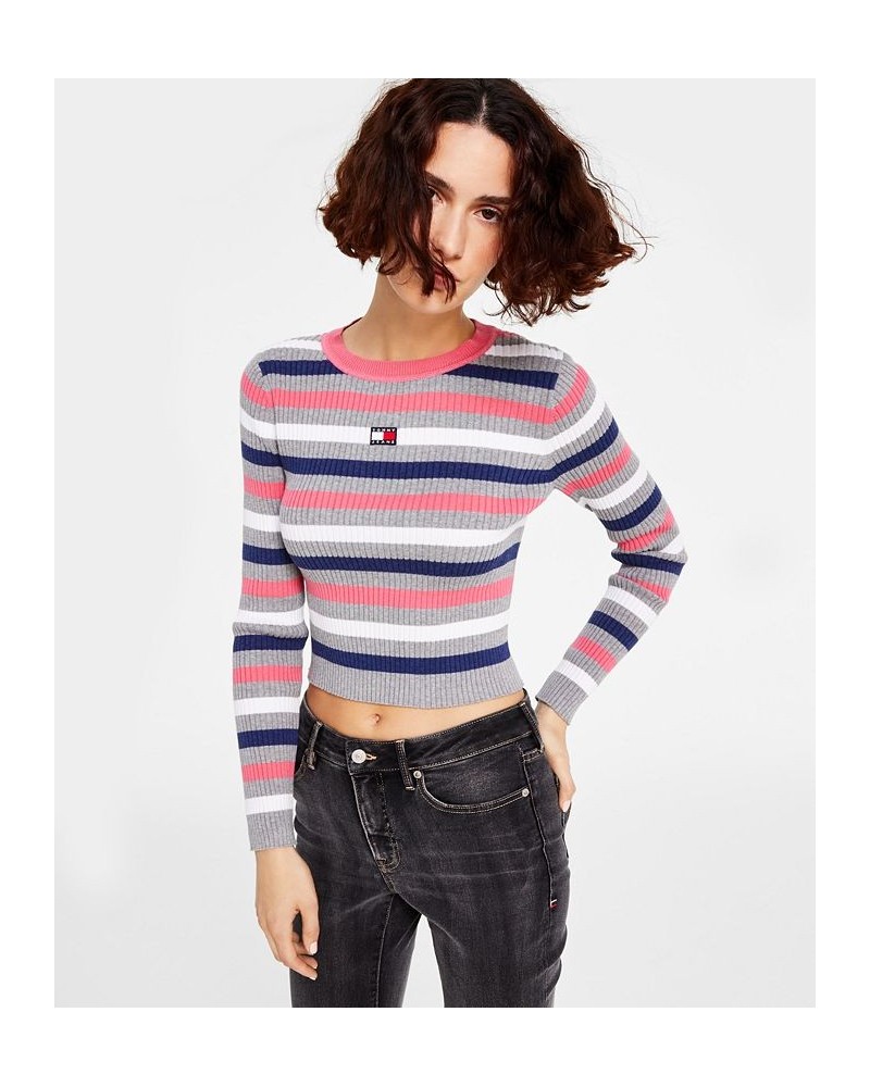 Women's Cotton Striped Ribbed Sweater Gray $21.77 Sweaters