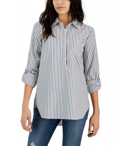 Women's Cotton Easy Care Striped Popover Shirt Sky Captain/Bright White $23.38 Tops